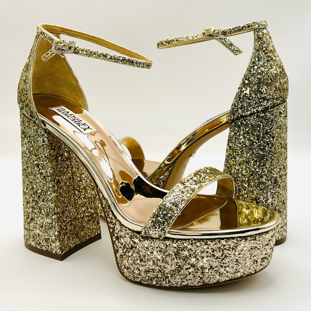 Badgley Mischka Glitter Gold Platform Heels